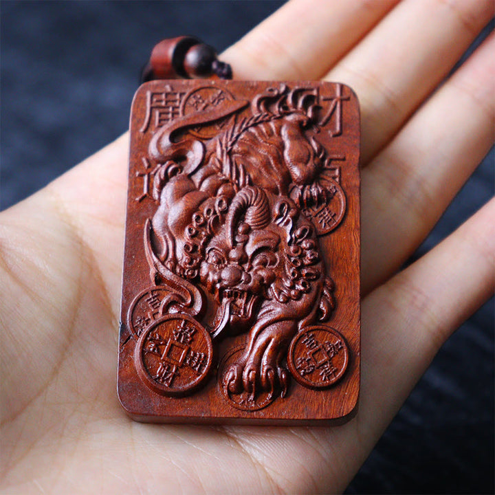 Buddha Stones天然雷撃ナツメ木 貔貅銅貨 幸運のネックレスペンダント