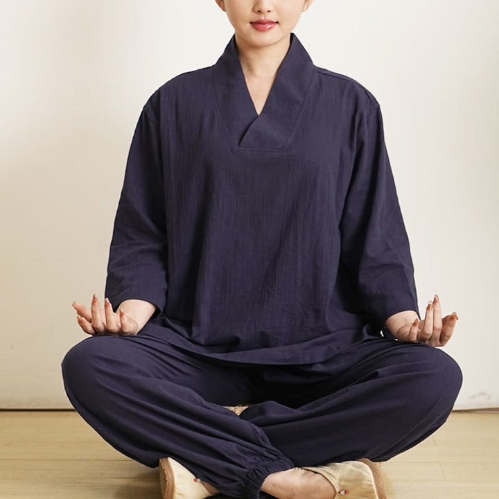 Buddha Stones 2点 Vネック 七分袖 シャツ トップ パンツ 瞑想 禅 太極拳 コットン リネン 衣類 レディース セット - ネイビーブルー(トップス&パンツ) - US12、 UK/AU16、 EU44 (XL) - image 7