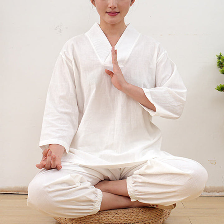 Buddha Stones 2点 Vネック 七分袖 シャツ トップ パンツ 瞑想 禅 太極拳 コットン リネン 衣類 レディース セット - ホワイト(トップス&パンツ) - US12、 UK/AU16、 EU44 (XL) - image 20