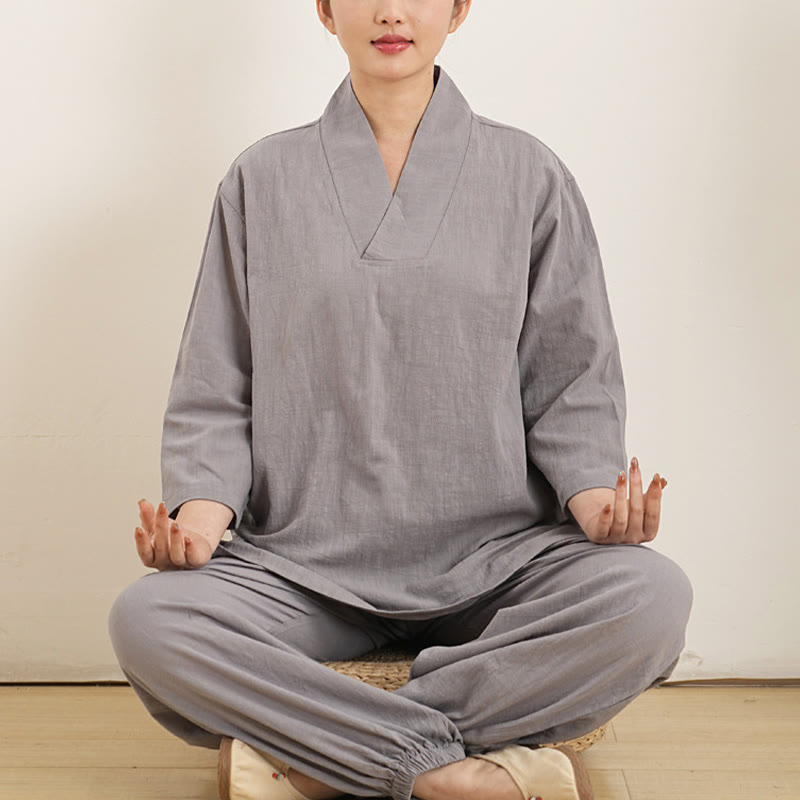 Buddha Stones 2点 Vネック 七分袖 シャツ トップ パンツ 瞑想 禅 太極拳 コットン リネン 衣類 レディース セット - グレー(トップス&パンツ) - US12、 UK/AU16、 EU44 (XL) - image 0