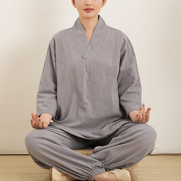 Buddha Stones 2点 Vネック 七分袖 シャツ トップ パンツ 瞑想 禅 太極拳 コットン リネン 衣類 レディース セット - グレー(トップス&パンツ) - US12、 UK/AU16、 EU44 (XL) - image 0