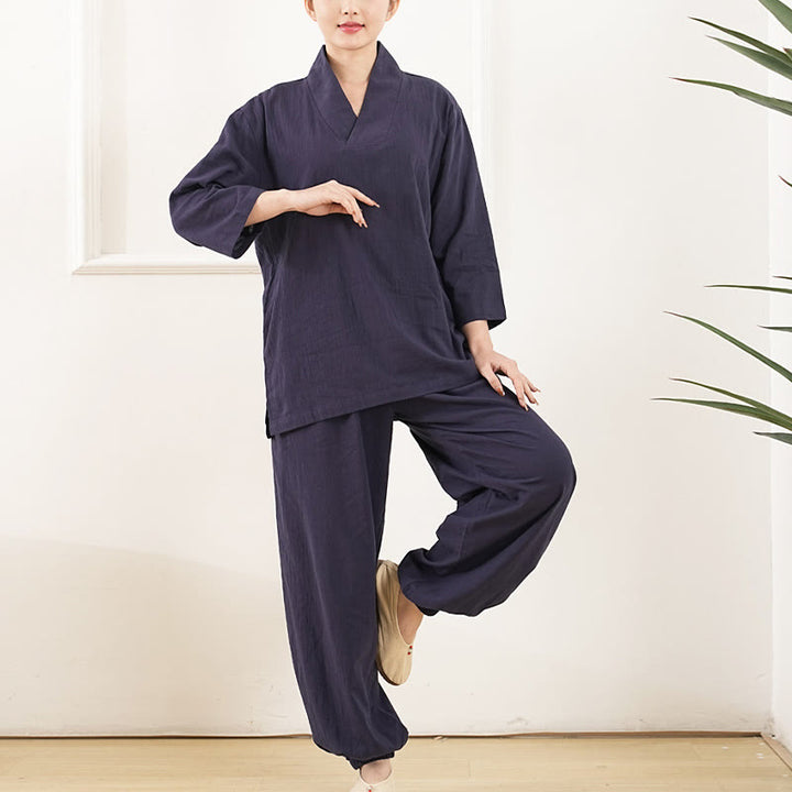 Buddha Stones 2点 Vネック 七分袖 シャツ トップ パンツ 瞑想 禅 太極拳 コットン リネン 衣類 レディース セット - image 11