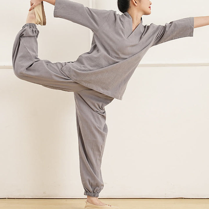 Buddha Stones 2点 Vネック 七分袖 シャツ トップ パンツ 瞑想 禅 太極拳 コットン リネン 衣類 レディース セット - image 2