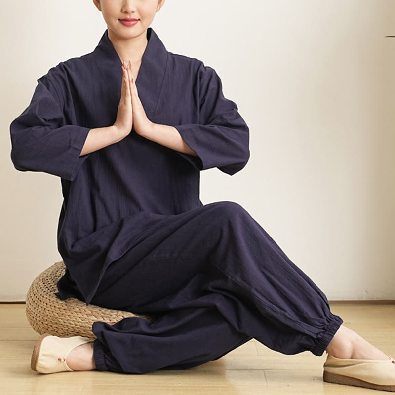 Buddha Stones 2点 Vネック 七分袖 シャツ トップ パンツ 瞑想 禅 太極拳 コットン リネン 衣類 レディース セット - image 12