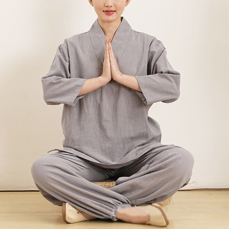 Buddha Stones 2点 Vネック 七分袖 シャツ トップ パンツ 瞑想 禅 太極拳 コットン リネン 衣類 レディース セット - image 6