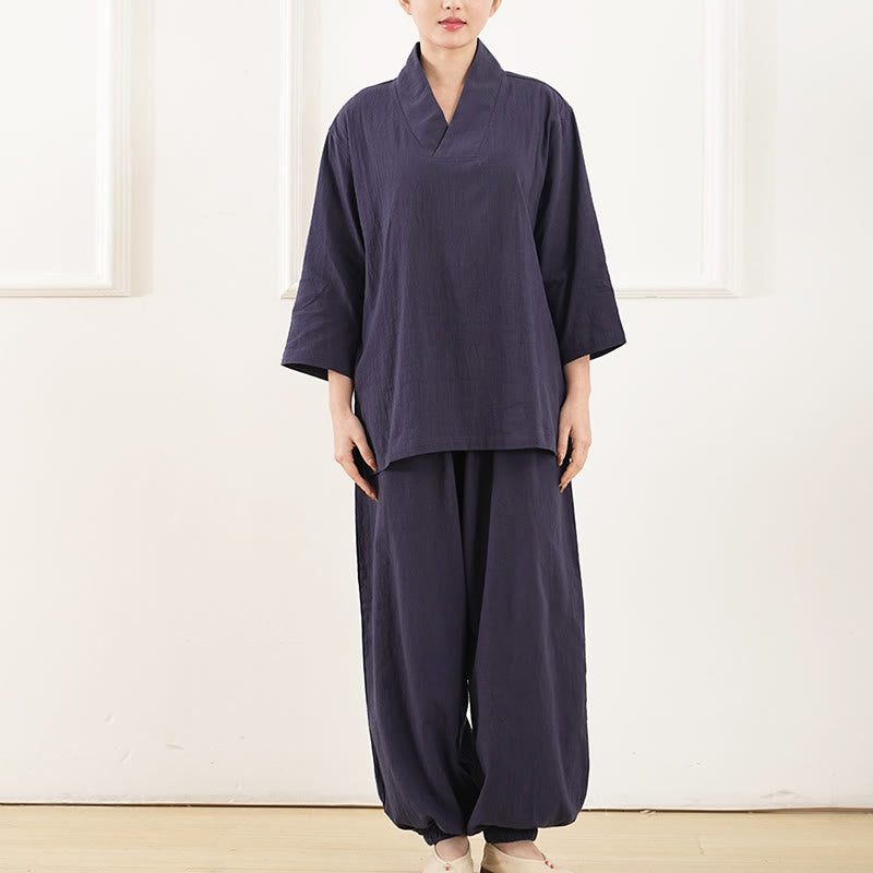 Buddha Stones 2点 Vネック 七分袖 シャツ トップ パンツ 瞑想 禅 太極拳 コットン リネン 衣類 レディース セット - image 9