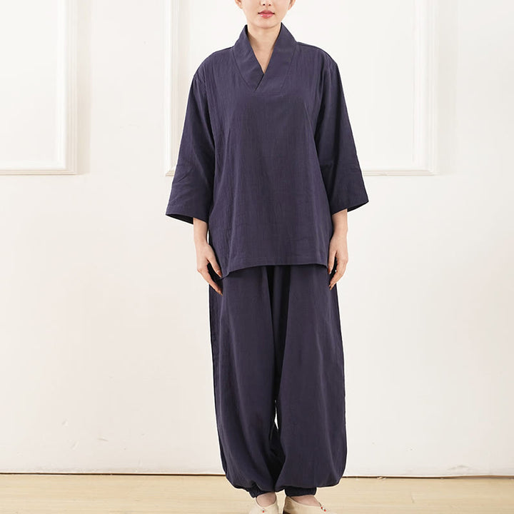 Buddha Stones 2点 Vネック 七分袖 シャツ トップ パンツ 瞑想 禅 太極拳 コットン リネン 衣類 レディース セット - image 9