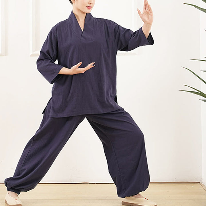 Buddha Stones 2点 Vネック 七分袖 シャツ トップ パンツ 瞑想 禅 太極拳 コットン リネン 衣類 レディース セット - image 8
