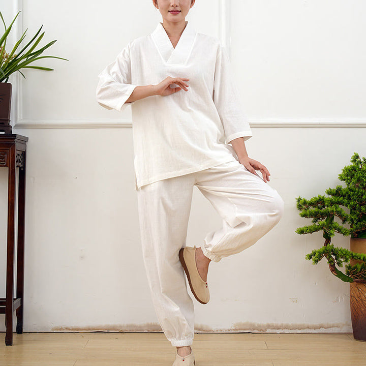 Buddha Stones 2点 Vネック 七分袖 シャツ トップ パンツ 瞑想 禅 太極拳 コットン リネン 衣類 レディース セット - image 22