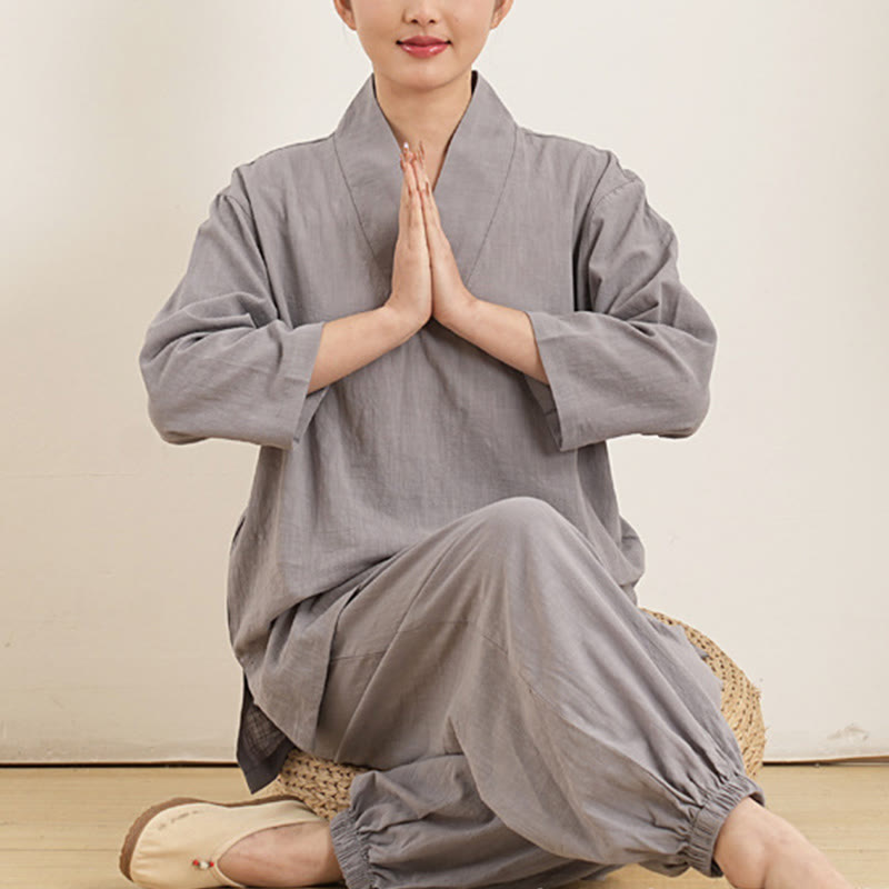 Buddha Stones 2点 Vネック 七分袖 シャツ トップ パンツ 瞑想 禅 太極拳 コットン リネン 衣類 レディース セット - image 1