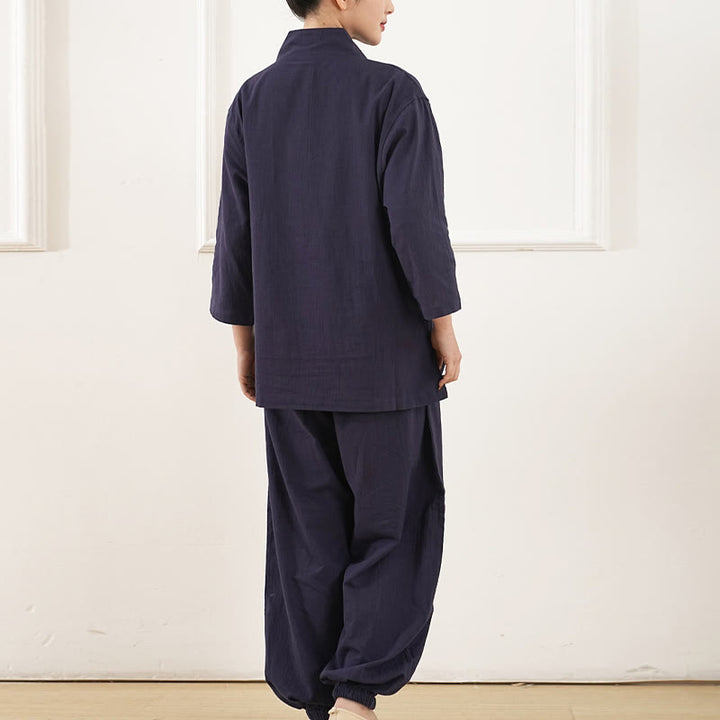 Buddha Stones 2点 Vネック 七分袖 シャツ トップ パンツ 瞑想 禅 太極拳 コットン リネン 衣類 レディース セット - image 10