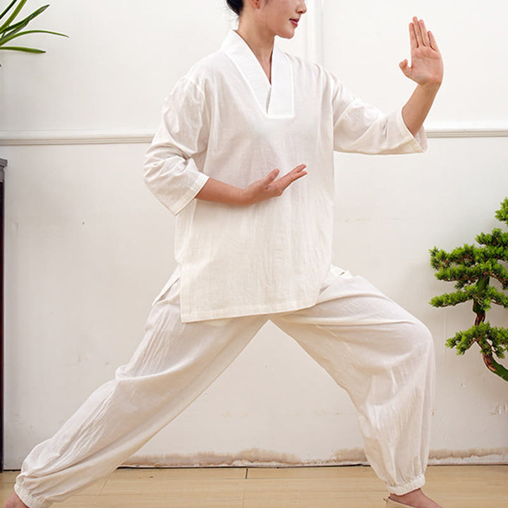 Buddha Stones 2点 Vネック 七分袖 シャツ トップ パンツ 瞑想 禅 太極拳 コットン リネン 衣類 レディース セット - image 21
