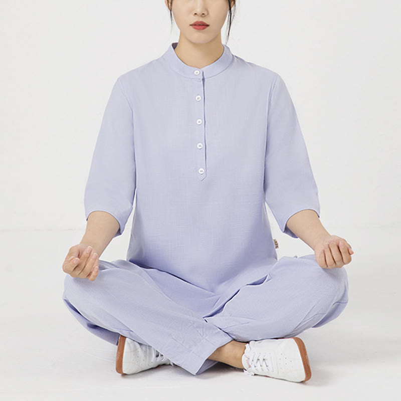 Buddha Stones2点ボタン 七分袖シャツ トップパンツ 瞑想 禅 太極拳 コットンリネン 衣類 レディース セット