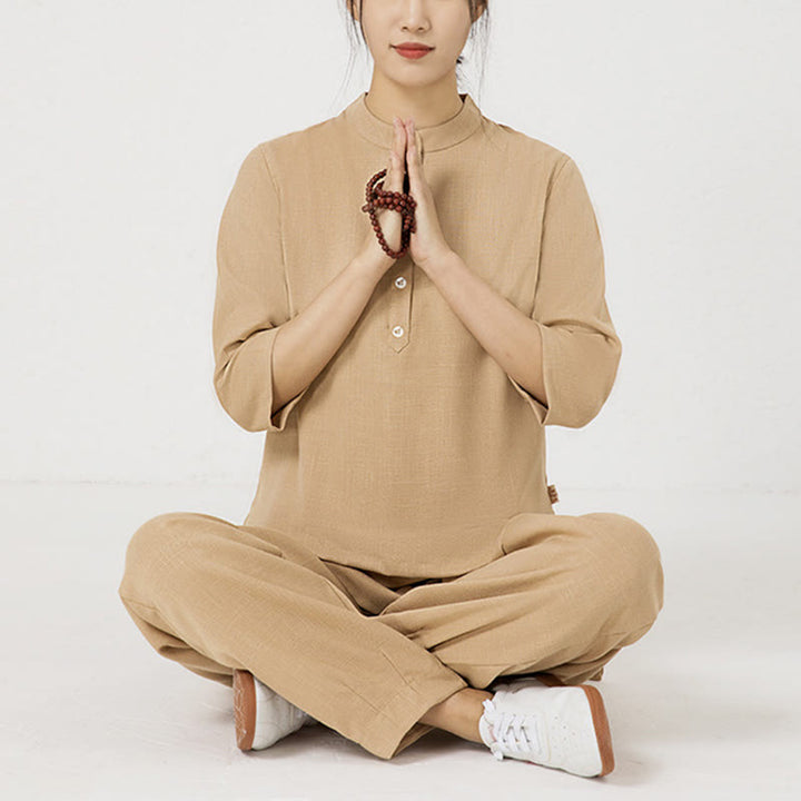 Buddha Stones2点ボタン 七分袖シャツ トップパンツ 瞑想 禅 太極拳 コットンリネン 衣類 レディース セット