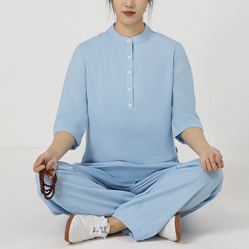 Buddha Stones2点ボタン 七分袖シャツ トップパンツ 瞑想 禅 太極拳 コットンリネン 衣類 レディース セット