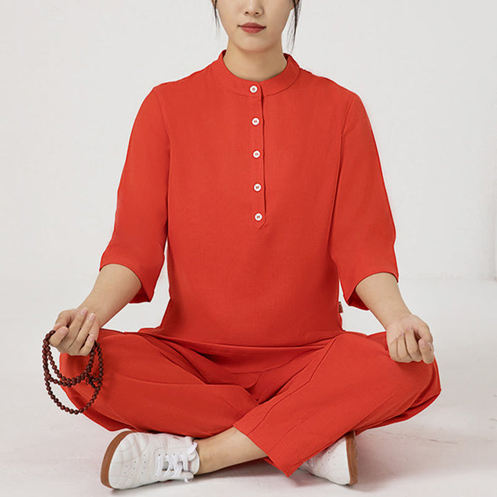 Buddha Stones2点ボタン 七分袖シャツ トップパンツ 瞑想 禅 太極拳 コットンリネン 衣類 レディース セット