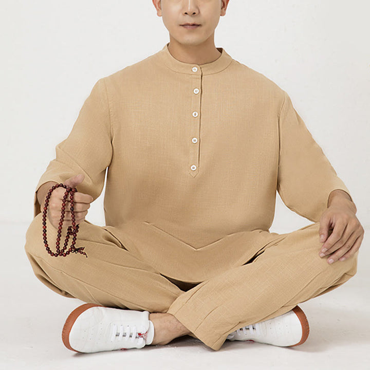 Buddha Stones 2個ボタン メンズ 七分袖シャツ トップパンツ 瞑想 禅 太極拳 コットンリネン 衣類セット - ブラウン(トップス&パンツ) - US/UK/AU40、 EU50 (2XL) - image 13