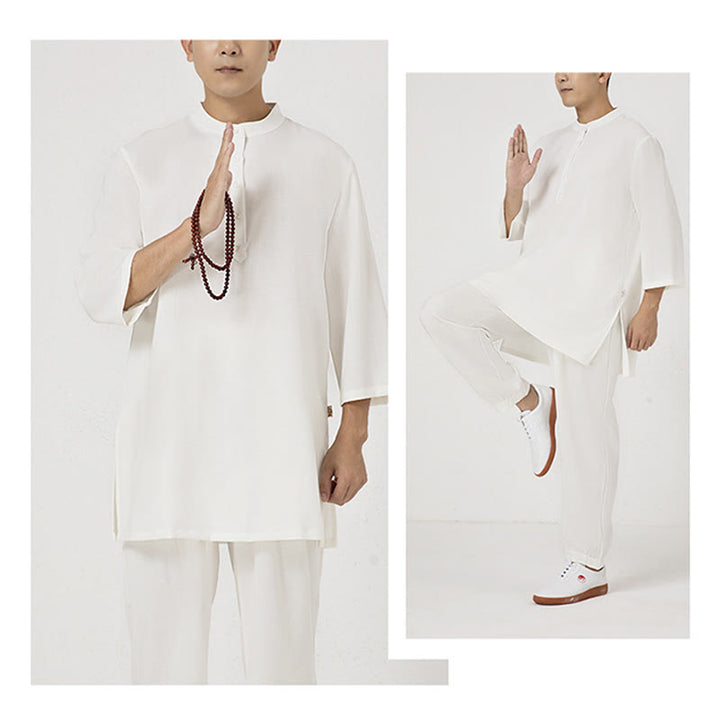 Buddha Stones 2個ボタン メンズ 七分袖シャツ トップパンツ 瞑想 禅 太極拳 コットンリネン 衣類セット - image 4