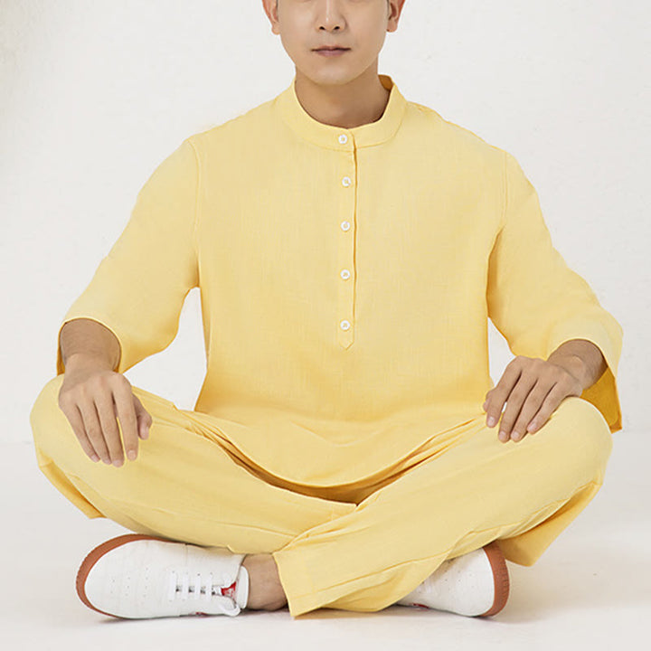Buddha Stones 2個ボタン メンズ 七分袖シャツ トップパンツ 瞑想 禅 太極拳 コットンリネン 衣類セット - image 11