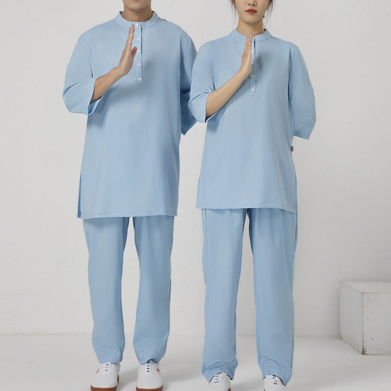 Buddha Stones 2個ボタン メンズ 七分袖シャツ トップパンツ 瞑想 禅 太極拳 コットンリネン 衣類セット - image 8