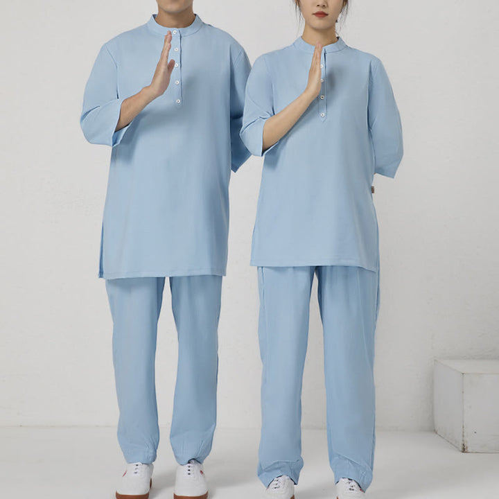 Buddha Stones 2個ボタン メンズ 七分袖シャツ トップパンツ 瞑想 禅 太極拳 コットンリネン 衣類セット - image 8