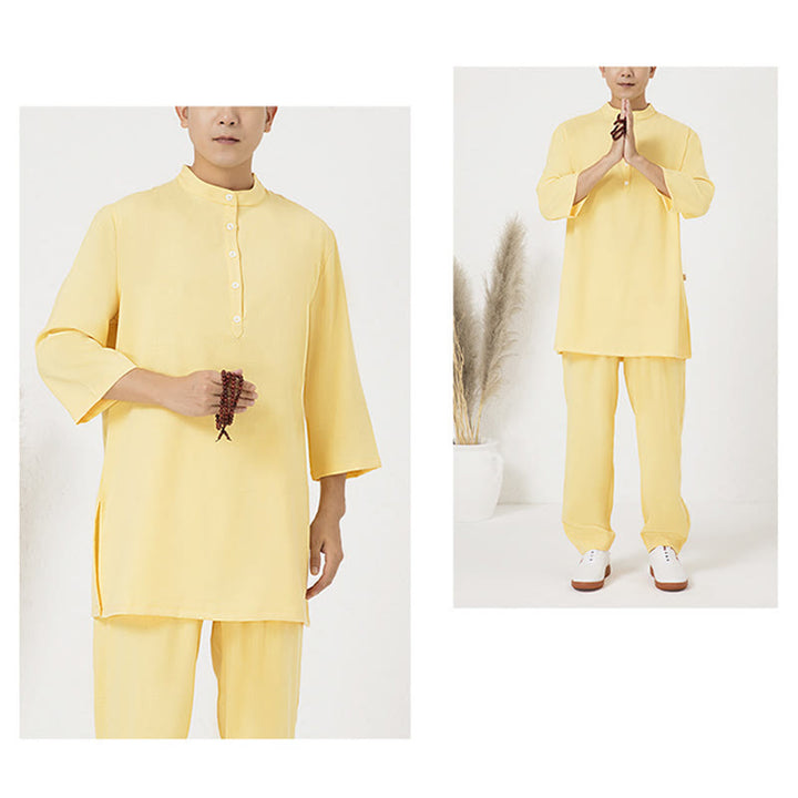 Buddha Stones 2個ボタン メンズ 七分袖シャツ トップパンツ 瞑想 禅 太極拳 コットンリネン 衣類セット - image 12