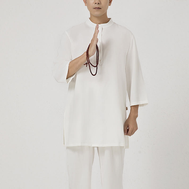 Buddha Stones 2個ボタン メンズ 七分袖シャツ トップパンツ 瞑想 禅 太極拳 コットンリネン 衣類セット - image 1