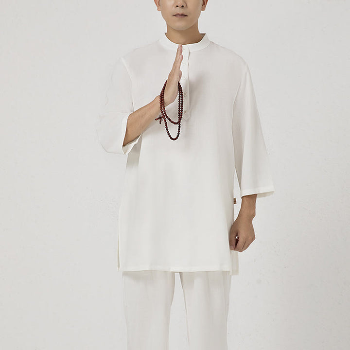 Buddha Stones 2個ボタン メンズ 七分袖シャツ トップパンツ 瞑想 禅 太極拳 コットンリネン 衣類セット - image 1