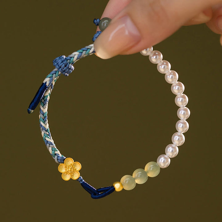 Buddha Stones 925スターリングシルバー 和田翡翠 桃色花珠 編み込み 幸運ブレスレット