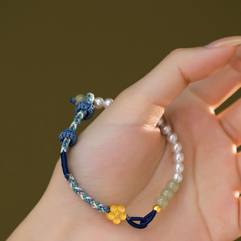 Buddha Stones 925スターリングシルバー 和田翡翠 桃色花珠 編み込み 幸運ブレスレット