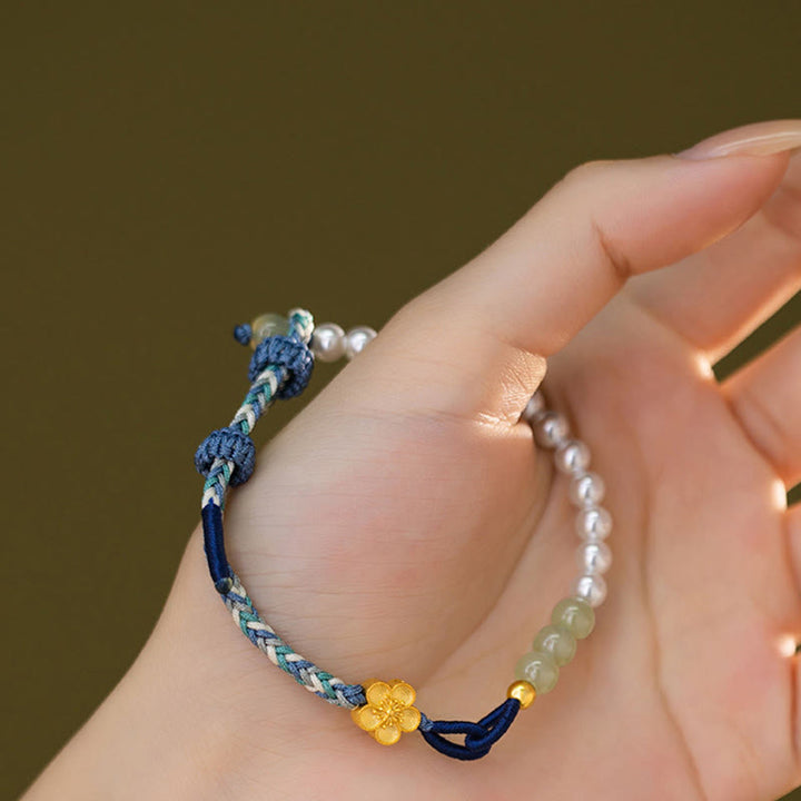 Buddha Stones 925スターリングシルバー 和田翡翠 桃色花珠 編み込み 幸運ブレスレット