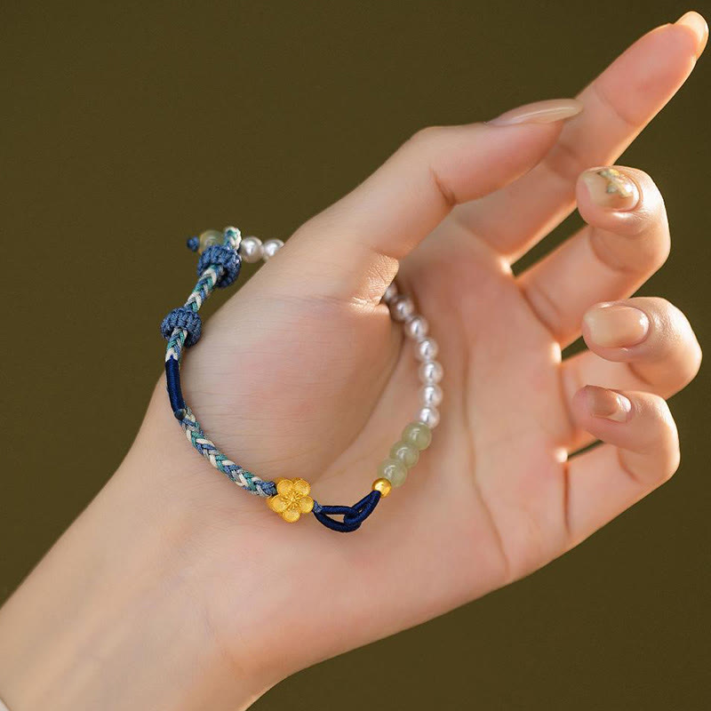 Buddha Stones 925スターリングシルバー 和田翡翠 桃色花珠 編み込み 幸運ブレスレット