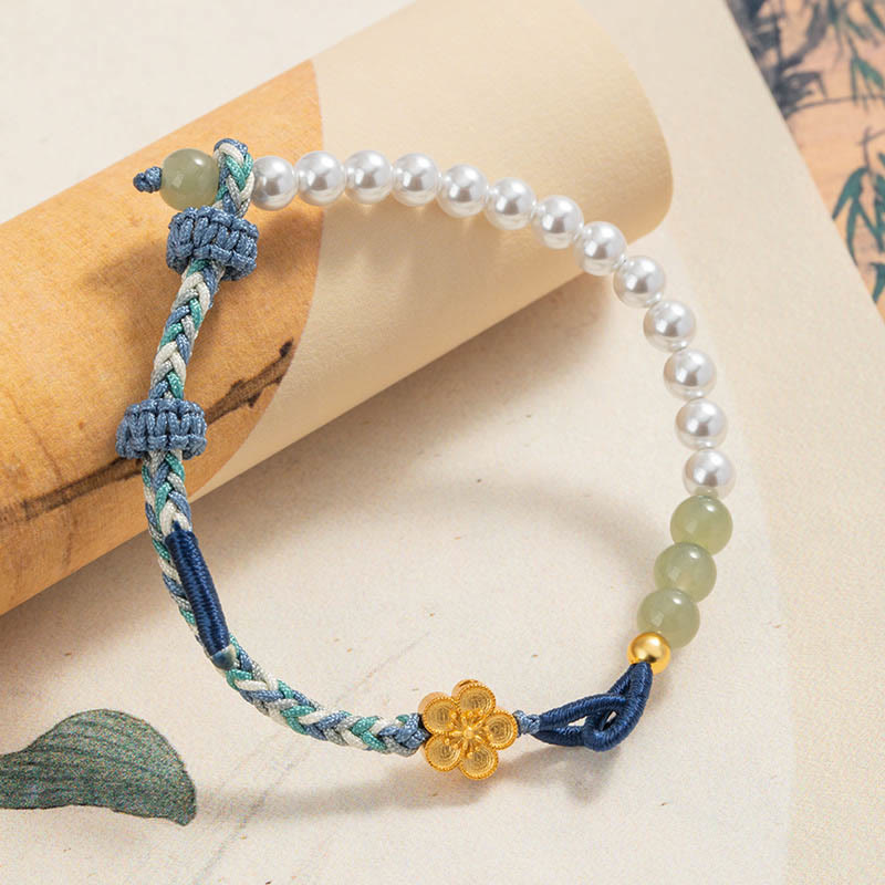 Buddha Stones 925スターリングシルバー 和田翡翠 桃色花珠 編み込み 幸運ブレスレット