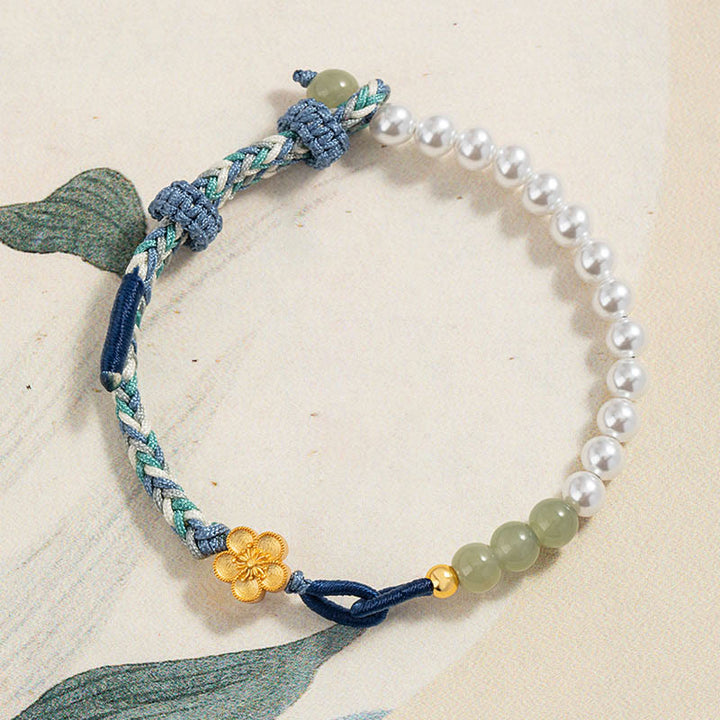 Buddha Stones 925スターリングシルバー 和田翡翠 桃色花珠 編み込み 幸運ブレスレット