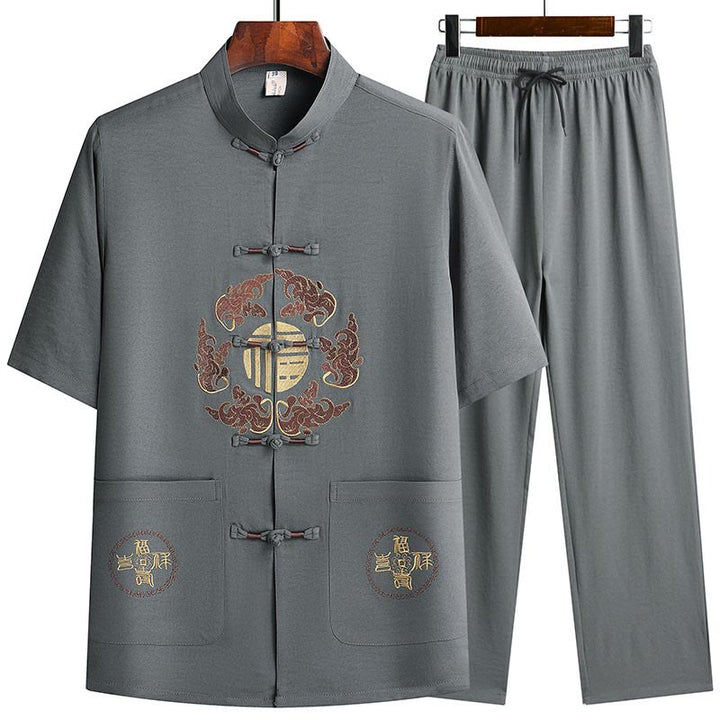 Buddha Stonesフーキャラクター唐装漢服伝統制服半袖トップスパンツ衣類メンズセット - グレー(トップス&パンツ) - US/UK/AU42、 EU52 (3XL)  - image 0
