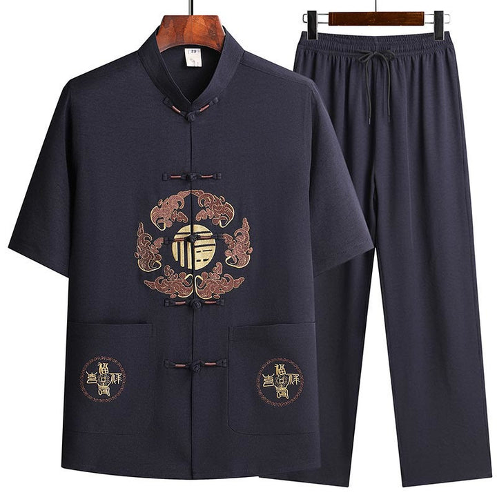 Buddha Stonesフーキャラクター唐装漢服伝統制服半袖トップスパンツ衣類メンズセット - ネイビーブルー(トップス&パンツ) - US/UK/AU42、 EU52 (3XL)  - image 18