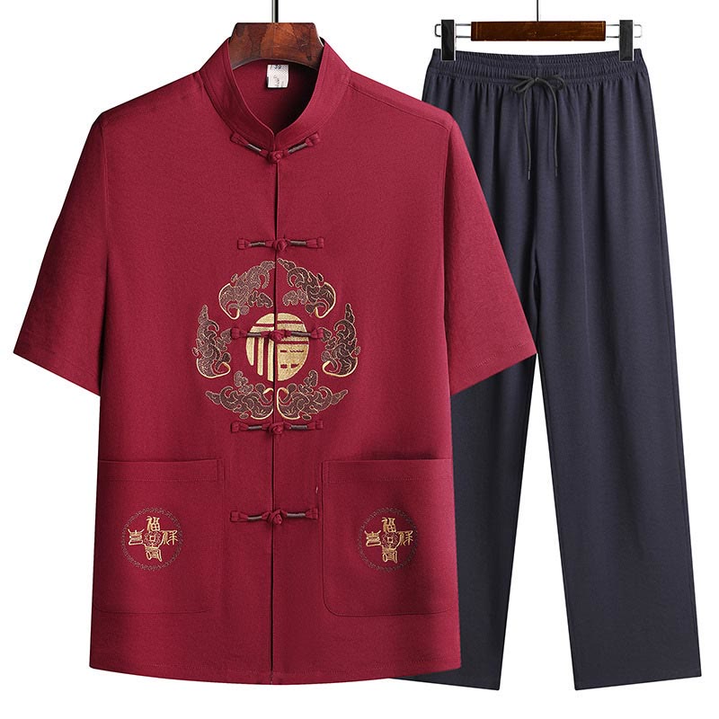 Buddha Stonesフーキャラクター唐装漢服伝統制服半袖トップスパンツ衣類メンズセット - 赤(トップス&パンツ) - US/UK/AU42、 EU52 (3XL)  - image 21