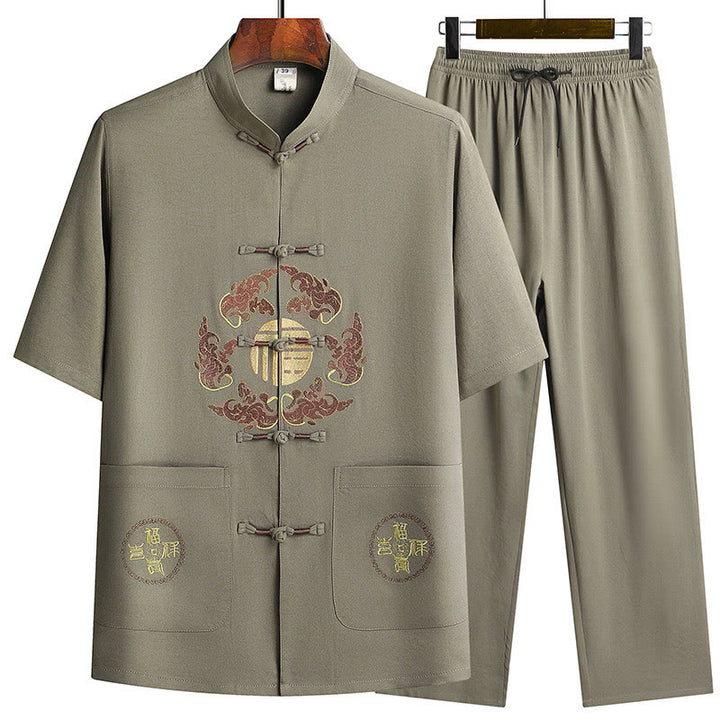 Buddha Stonesフーキャラクター唐装漢服伝統制服半袖トップスパンツ衣類メンズセット - アーミーグリーン（トップス＆パンツ） - US/UK/AU42、 EU52 (3XL)  - image 24