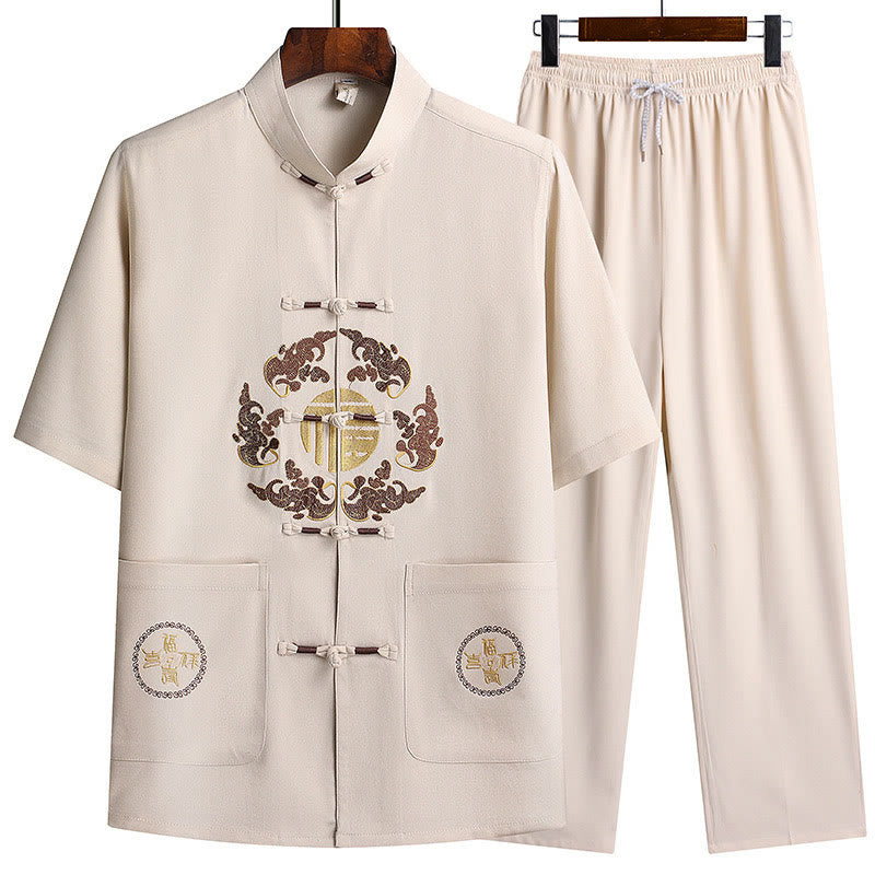 Buddha Stonesフーキャラクター唐装漢服伝統制服半袖トップスパンツ衣類メンズセット - ホワイト(トップス&パンツ) - US/UK/AU42、 EU52 (3XL)  - image 27