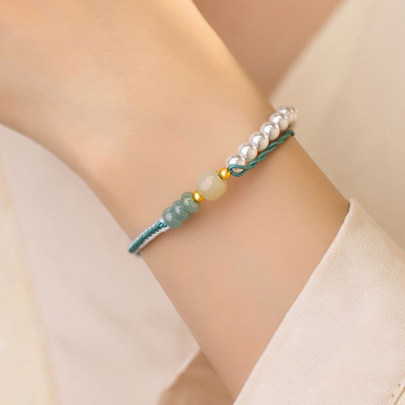 Buddha Stones 925スターリングシルバー 和田翡翠編みロープパールブレスレット