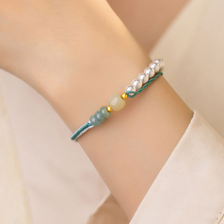 Buddha Stones 925スターリングシルバー 和田翡翠編みロープパールブレスレット