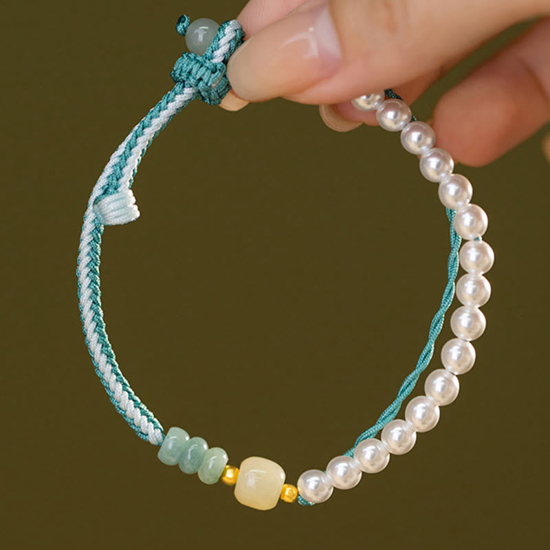 Buddha Stones 925スターリングシルバー 和田翡翠編みロープパールブレスレット