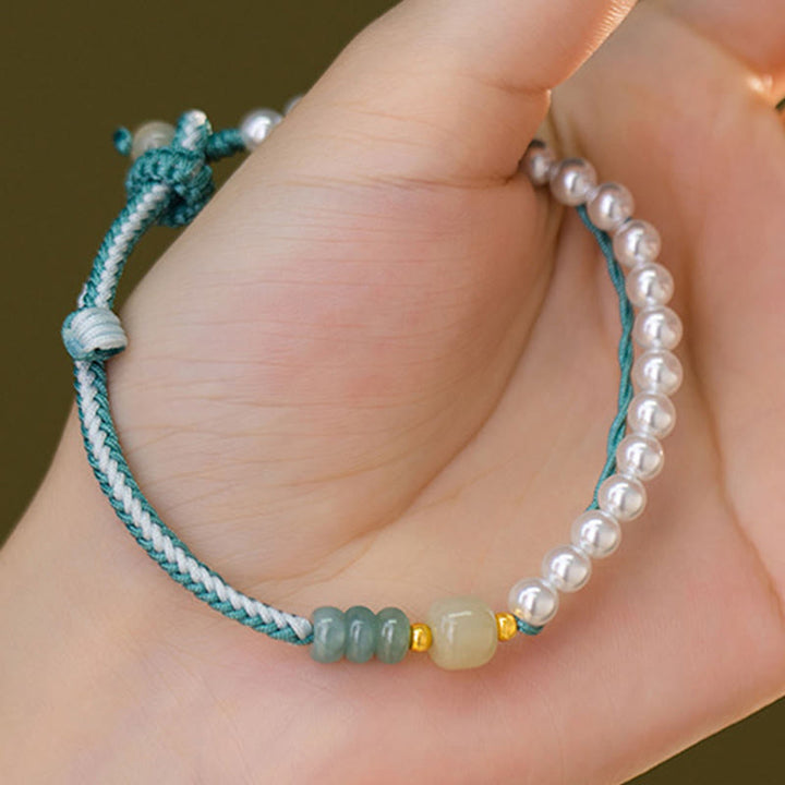 Buddha Stones 925スターリングシルバー 和田翡翠編みロープパールブレスレット
