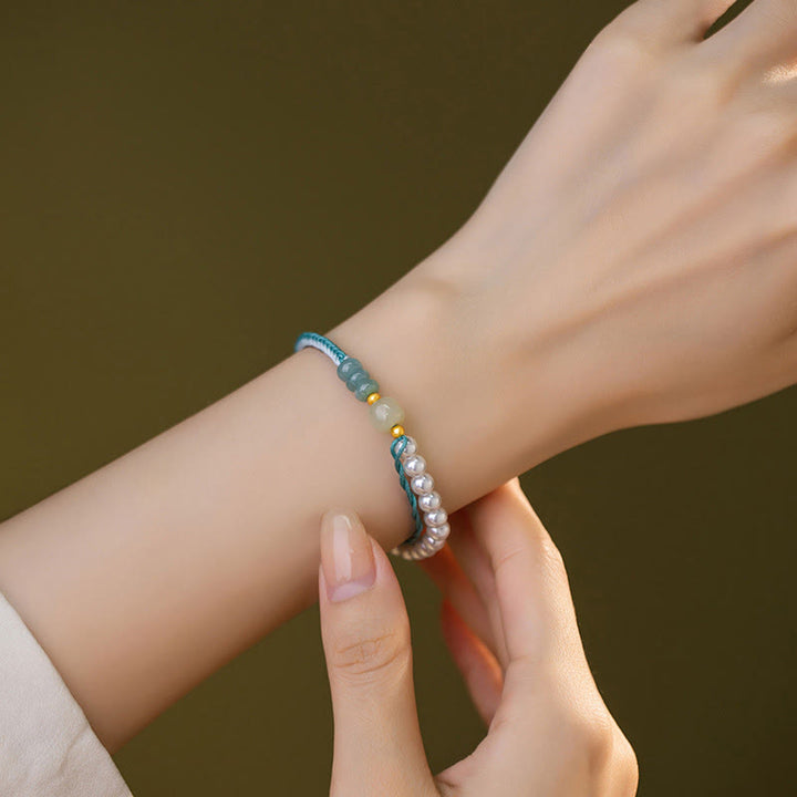 Buddha Stones 925スターリングシルバー 和田翡翠編みロープパールブレスレット