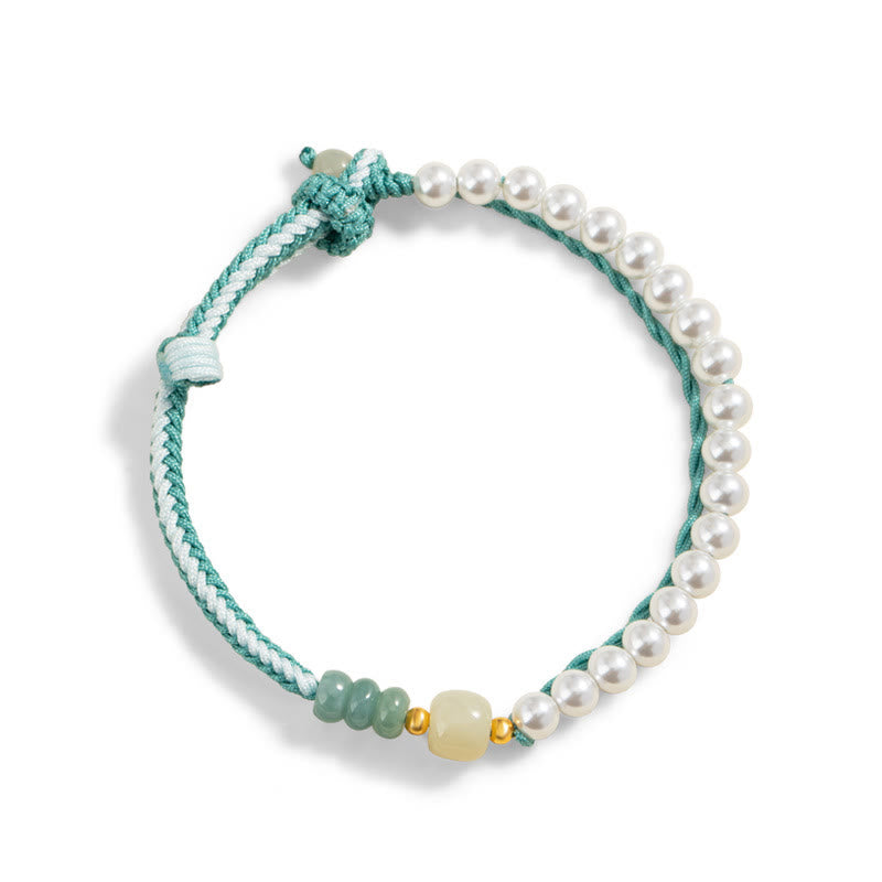 Buddha Stones 925スターリングシルバー 和田翡翠編みロープパールブレスレット