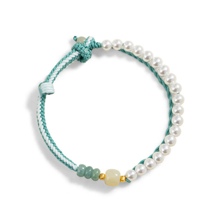 Buddha Stones 925スターリングシルバー 和田翡翠編みロープパールブレスレット