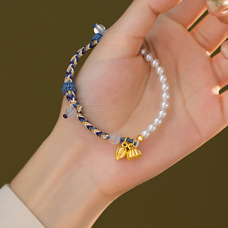 Buddha Stones925スターリングシルバー ロータスパール カラフルロープ カルセドニー 繁栄ブレスレット