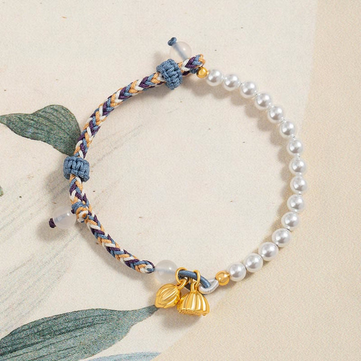 Buddha Stones925スターリングシルバー ロータスパール カラフルロープ カルセドニー 繁栄ブレスレット
