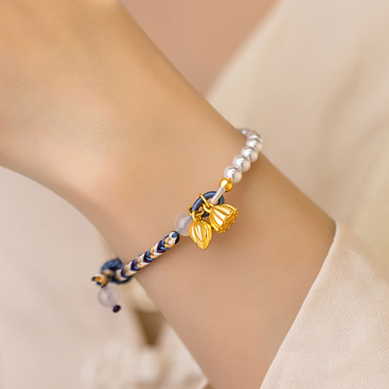 Buddha Stones925スターリングシルバー ロータスパール カラフルロープ カルセドニー 繁栄ブレスレット