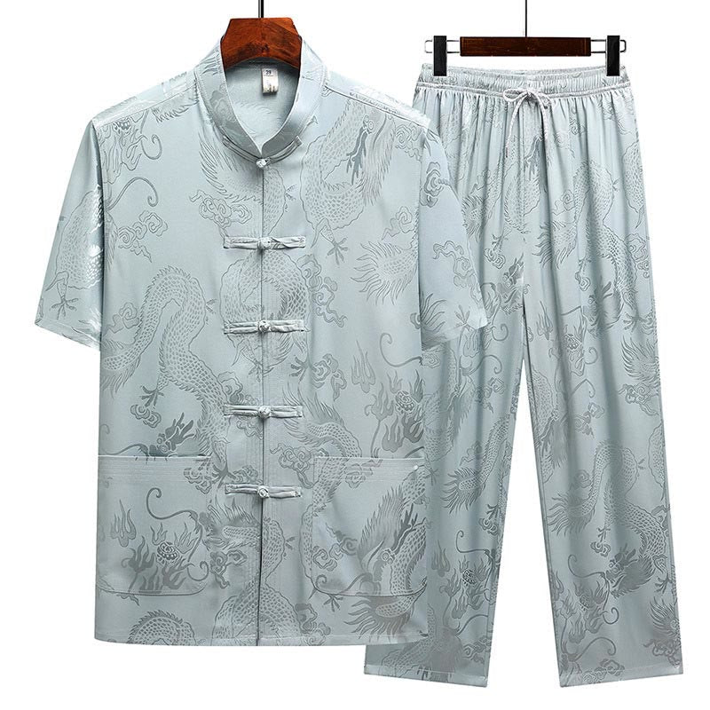 Buddha Stones龍柄唐装漢服伝統制服半袖トップスパンツ服装メンズセット - グレーブルー(トップス&パンツ) - US/UK/AU44、 EU54 (4XL) - image 0